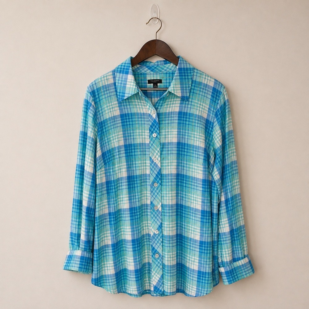 Talbots Button Shirt Womens 1X Blue Plaid Metallic Lightweight Flannel Autumn - Picture 2 of 8